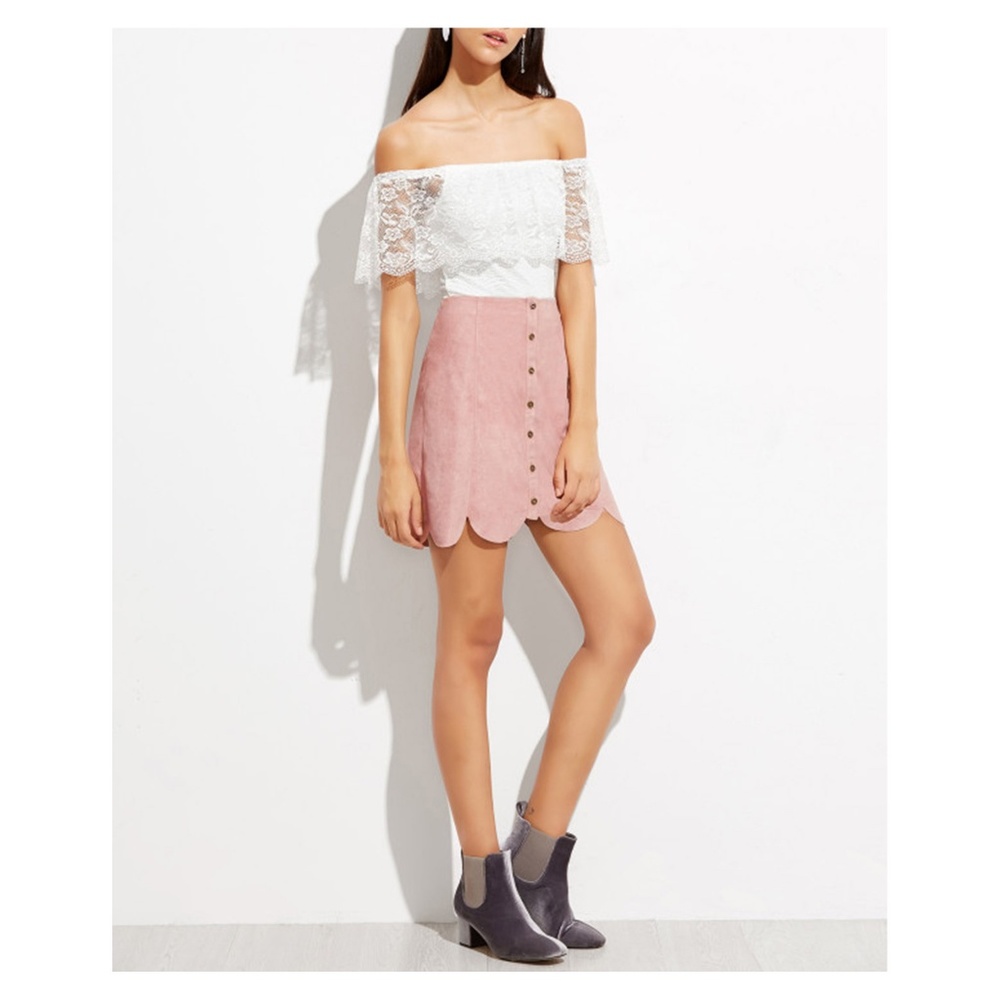 Pink Faux Suede Button Down Scallop Skirt - Picture 5 of 5